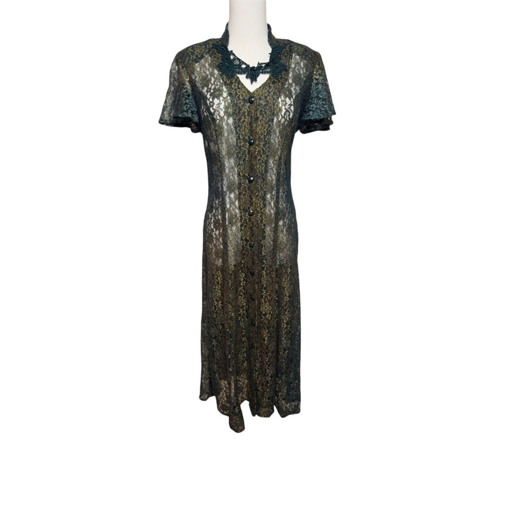 DBY Ltd VTG Y2K Green Gold Iridescent Lace Maxi Dress Button Front Sheer Duster